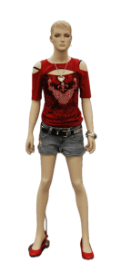 5'5" fleshtone female teenage mannequin Courtney with curly molded hair and round chrome base for tween fashion display.