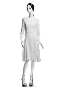 Female abstract mannequin in standing pose with bent arm, matte white fiberglass finish – ideal for fashion retail and boutique display