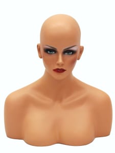 Female Display Head with Shoulder Bust in Tan. Nice counter top head display for jewelry, hats or wigs