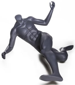 Headless matte gray soccer mannequin in lying kick pose for sports apparel and athletic retail display