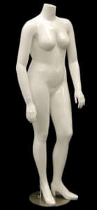 Fleshtone fiberglass plus size female mannequin with hands at sides, featuring a round metal base and dual support rods.