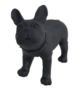 Life-size matte black plastic French bulldog mannequin with a realistic design and turnable head for retail clothing display or modern home decor
