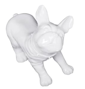 Realistic glossy white plastic French bulldog mannequin with a turnable head, designed for retail pet clothing displays and modern interior decor.