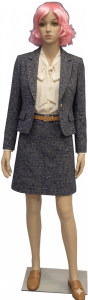 Unbreakable plastic female mannequin in a standing pose with a chrome base and realistic facial features for retail apparel display.