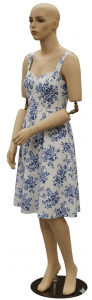 Sarah posable female mannequin in fleshtone with makeup, featuring a round chrome base and supporting rods.