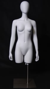 Matte white female 3/4 torso fiberglass mannequin with egghead and adjustable metal floor base.