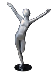 Silver abstract pre-teen child mannequin with arms up pose and metal base