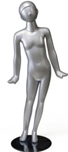 Silver abstract pre-teen child mannequin with hands flared pose and metal base