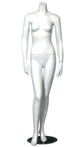 White headless female mannequin in a straight-on pose with arms at sides and a circular metal base.