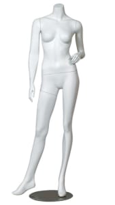 White headless female mannequin in a sassy left-hand-on-hip pose with a circular metal base.