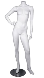 White headless female mannequin in a sassy pose with hand on hip and a circular metal base.