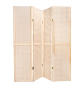 4-Panel natural pine wood folding pegboard display unit for retail merchandising