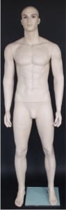 6'3" Realistic Light Skintone Male Fiberglass Mannequin from Mannequins Express. Standing pose with arms at his side. Durable Fiberglass ideal for trade shows or busy showrooms.