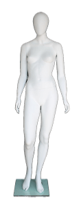 Matte white fiberglass female egghead mannequin standing with weight on left hip on a tempered glass base, showcasing a contemporary fashion garment.