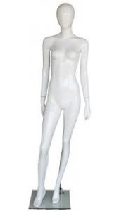 Gloss white fiberglass female egghead mannequin with right leg raised standing on a tempered glass base, ideal for high-end clothing displays.