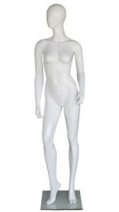 Gloss white fiberglass female egghead mannequin with right leg raised standing on a tempered glass base, ideal for high-end clothing displays.