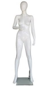 Gloss white fiberglass female egghead mannequin in a standing pose with the right arm raised, complete with a tempered glass base.