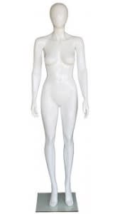 Gloss white fiberglass female egghead mannequin standing in an upright pose on a tempered glass base, showcasing a contemporary fashion display.