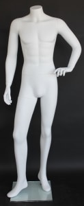 Matte white fiberglass headless male mannequin in a confident standing pose with hand on waist, ideal for displaying men's clothing on a tempered glass base.