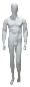 6'2" matte white male abstract egghead fiberglass mannequin with casual standing pose, rotating arms, tempered glass base, and support rods