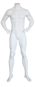 Matte white fiberglass male mannequin in a straight-on pose with hand on hip, shown on a tempered glass base, designed to be used headless or with interchangeable heads.