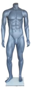 Grey male headless fiberglass mannequin with an athletic build, used for retail apparel display on a tempered glass base.