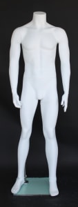 Matte white fiberglass male headless mannequin standing strong, used for apparel display and supported by a tempered glass base.