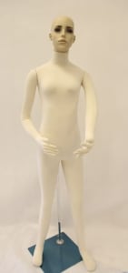 Flexible female mannequin with realistic head for retail clothing display and fashion merchandising