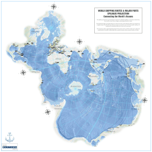 World Shipping Routes and Major Ports Wall Map using Spilhaus Projection showing contiguous global oceans and maritime trade routes