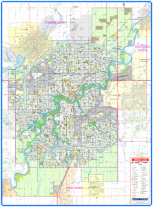 MapTown Edmonton and Area wall map showing detailed street networks, LRT lines, zoning, and municipal boundaries.