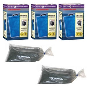 Marineland Emperor Rite-Size E Replacement Filter Cartridges 12-Pack & 3 lbs Inland Seas Premium Pelletized Activated Carbon Package