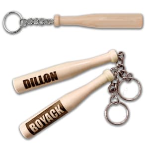 Baseball bat on a keychain. The baseball bat can be engraved or printed.
