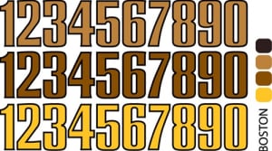 Sport helmet numbers are die cut decals that can be placed on a players helmet to match their jersey number. They are printed in many colors to match the color of the team logo.