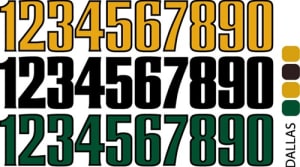Sport helmet numbers are die cut decals that can be placed on a players helmet to match their jersey number. They are printed in many colors to match the color of the team logo.