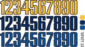 Sport helmet numbers are die cut decals that can be placed on a players helmet to match their jersey number. They are printed in many colors to match the color of the team logo.