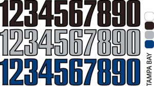 Sport helmet numbers are die cut decals that can be placed on a players helmet to match their jersey number. They are printed in many colors to match the color of the team logo.