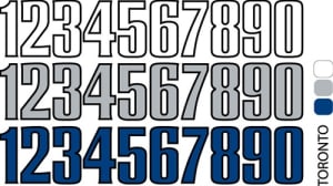 Sport helmet numbers are die cut decals that can be placed on a players helmet to match their jersey number. They are printed in many colors to match the color of the team logo.