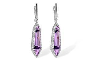 Amethyst & Diamond Dangle Earrings 14K White Gold