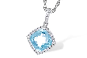 Cushion Cut Aquamarine & Diamond Pendant 14KW Gold