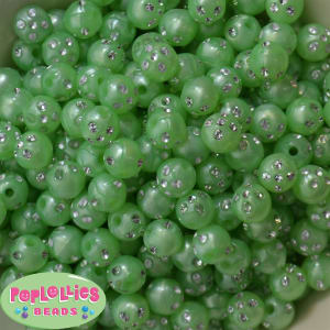 12mm Lime Faux Pearl Bead with Rhinestones sold in packages of 50 beads