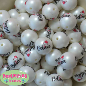 20mm Santa Hat with Believe Print on a White Matte Bead