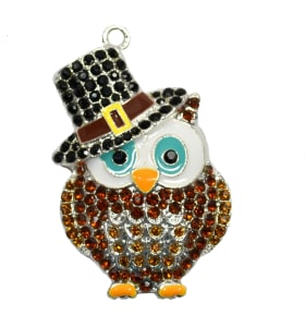 Pilgrim Owl Thanksgiving Rhinestone Enamel Pendant 46mm x 33mm