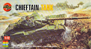 Box top is filled with an illustration of British cold war MBT rolling over a wet battelfield and the Airfix logo in the upper left hand side with 'Chieftain Tank' next to it in black and yellow type.