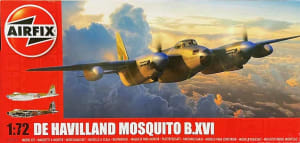Box art for Airfix plastic model kit of RAF fighter bomber, De Havilland Mosquito as it flies through the clouds.