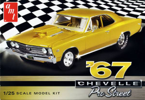 Box art of AMT plastic model car of '67 Chevelle pro street version on checkerboard floor.