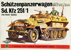 Box art illustration of WWII German Schutzenpanzerwagen Sd.Kfz 251/1 on a white background of plastic model kit by Bandai.