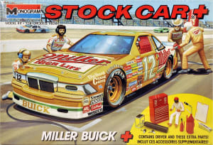 Box art illustration of NASCAR race car produced by Monogram of Miller Beer Buick Regal.
