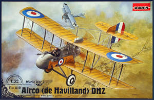 Box art illustration of WW1 British 'pusher' aircraft, DH2 for Roden 1/32 model kit.