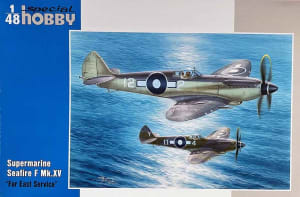 Box art of Special Hobby #48125 model kit of two Supermarine Seafire F Mk.XV aircraft flying in Far East Service.