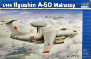 Box art illustration of Trumpeter plastic model kit of Soviet AEW, IL A-50 Mainstay.